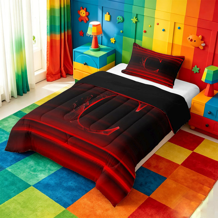 meiyoeat modern Letter Design Full Size Comforter Sets,Black Red Initial C Bedding Comforter Set,Black Reversible,3-Piece,1 Comforter and 2 Pillowcases