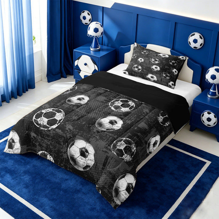 meiyoeat Vintage Graffiti Football Pattern Full Size Comforter Sets For Kids,Boys Ball Games Bedding Comforter Set For Soccer Lovers,Black Reversible,3-Piece