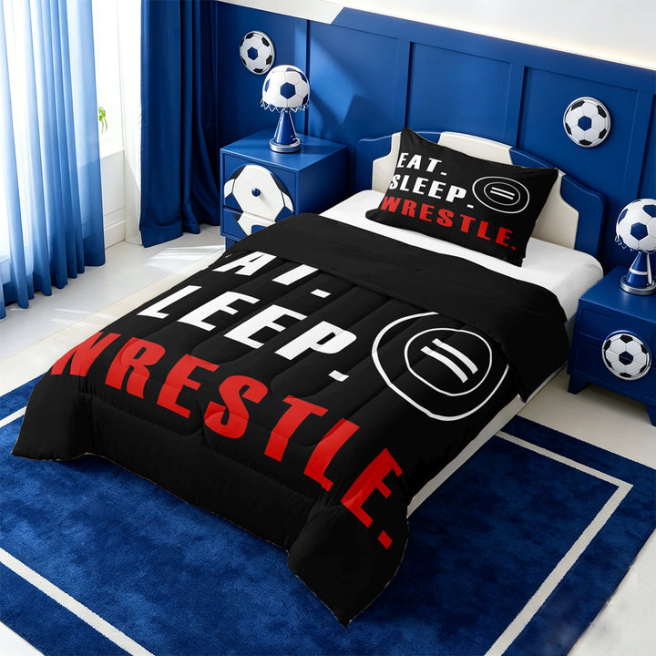 meiyoeat Wrestle Sport Full Size Comforter Sets For Boys,Modern Minimalist Style Bedding Comforter Set For Kids,Black Reversible,3 Pieces