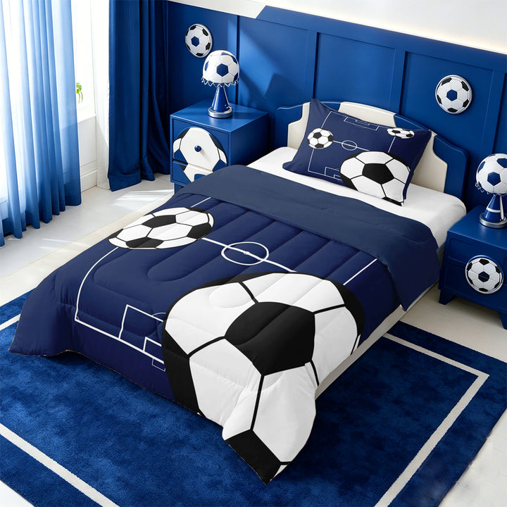 meiyoeat Football Ball Games Full Size Comforter Sets For Boys,Soccer Sport Theme Bedding Comforter Set For Kids,Navy Blue Reversible,3pcs