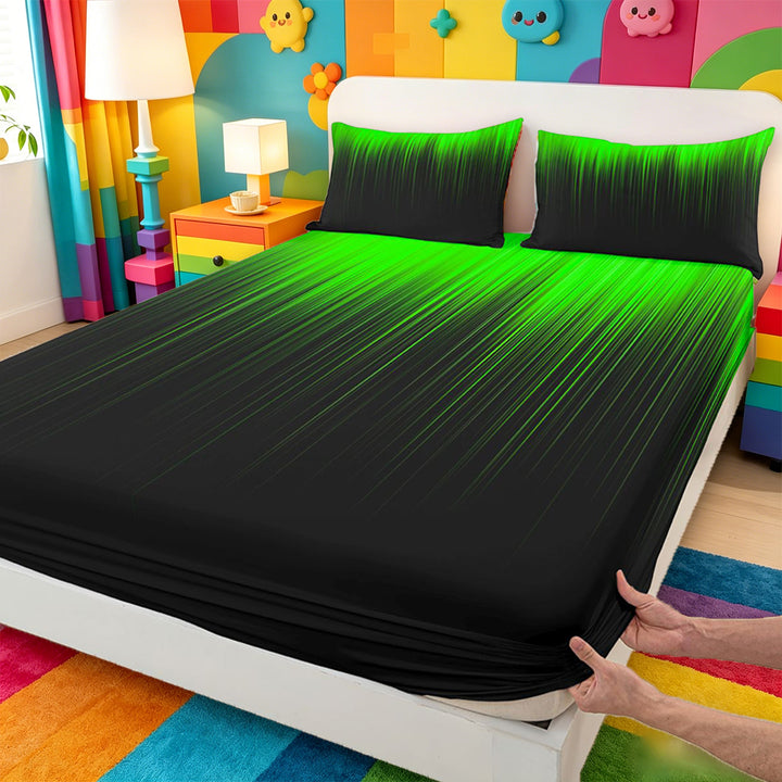 meiyoeat line Geometric Print Bed Sheets,Black Green Neon Striped Full Size Sheets,4-Piece,1 Flat Sheet,1 Fitted Sheet and 2 Pillowcases