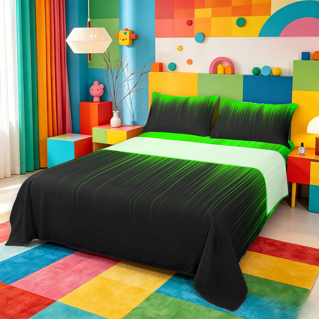 meiyoeat line Geometric Print Bed Sheets,Black Green Neon Striped Full Size Sheets,4-Piece,1 Flat Sheet,1 Fitted Sheet and 2 Pillowcases