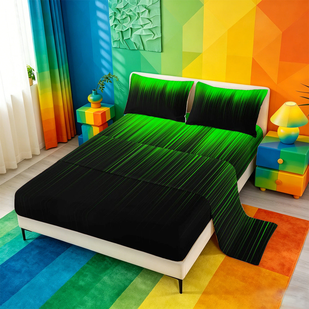 meiyoeat line Geometric Print Bed Sheets,Black Green Neon Striped Full Size Sheets,4-Piece,1 Flat Sheet,1 Fitted Sheet and 2 Pillowcases