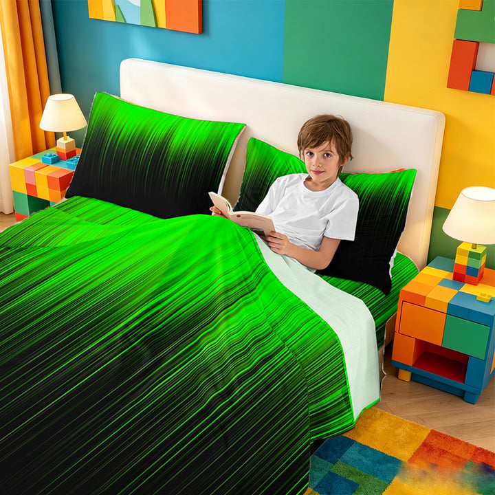 meiyoeat line Geometric Print Bed Sheets,Black Green Neon Striped Full Size Sheets,4-Piece,1 Flat Sheet,1 Fitted Sheet and 2 Pillowcases