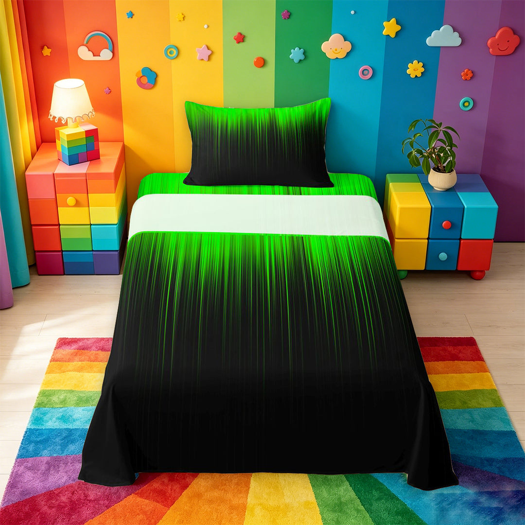 meiyoeat line Geometric Print Bed Sheets,Black Green Neon Striped Full Size Sheets,4-Piece,1 Flat Sheet,1 Fitted Sheet and 2 Pillowcases