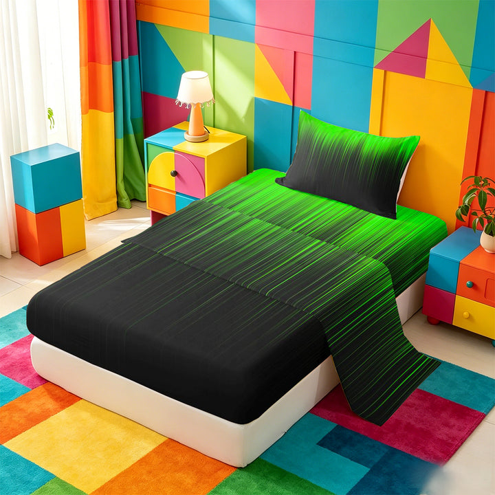meiyoeat line Geometric Print Bed Sheets,Black Green Neon Striped Full Size Sheets,4-Piece,1 Flat Sheet,1 Fitted Sheet and 2 Pillowcases