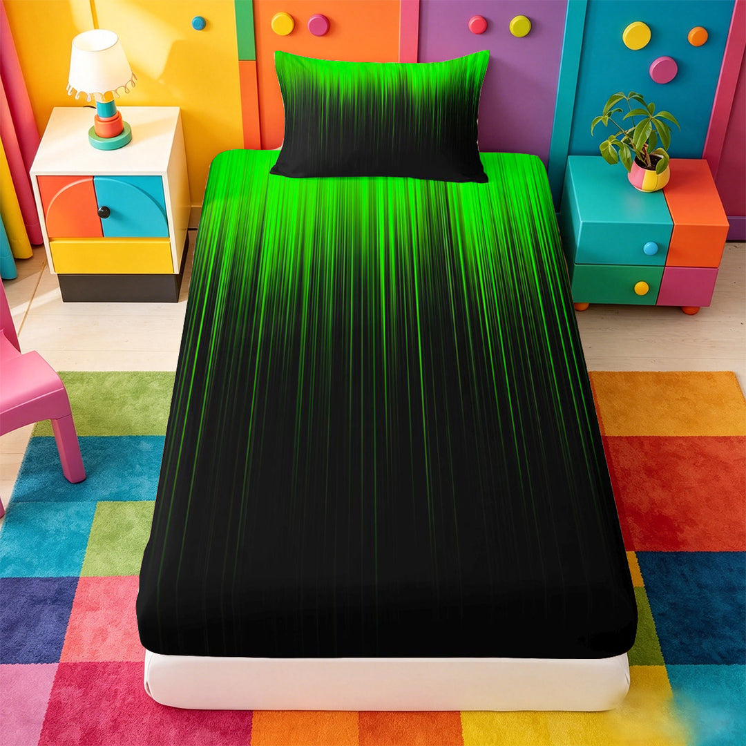 meiyoeat line Geometric Print Bed Sheets,Black Green Neon Striped Full Size Sheets,4-Piece,1 Flat Sheet,1 Fitted Sheet and 2 Pillowcases