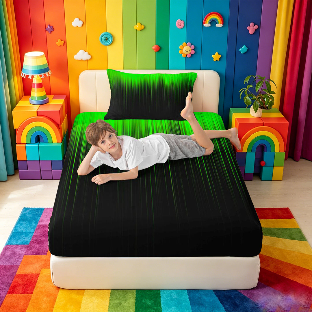 meiyoeat line Geometric Print Bed Sheets,Black Green Neon Striped Full Size Sheets,4-Piece,1 Flat Sheet,1 Fitted Sheet and 2 Pillowcases