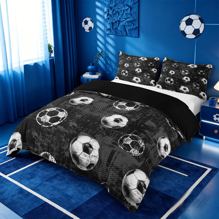 meiyoeat Vintage Graffiti Football Pattern Bedding For Kids,Boys Ball Games Duvet Cover Full For Soccer Lovers,Black Reversible,3-Piece(No Comforter)