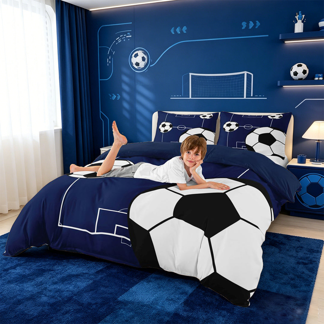 meiyoeat Football Ball Games Bedding For Boys,Soccer Sport Theme Duvet Cover Full For Kids,Navy Blue Reversible,3pcs(No Comforter)