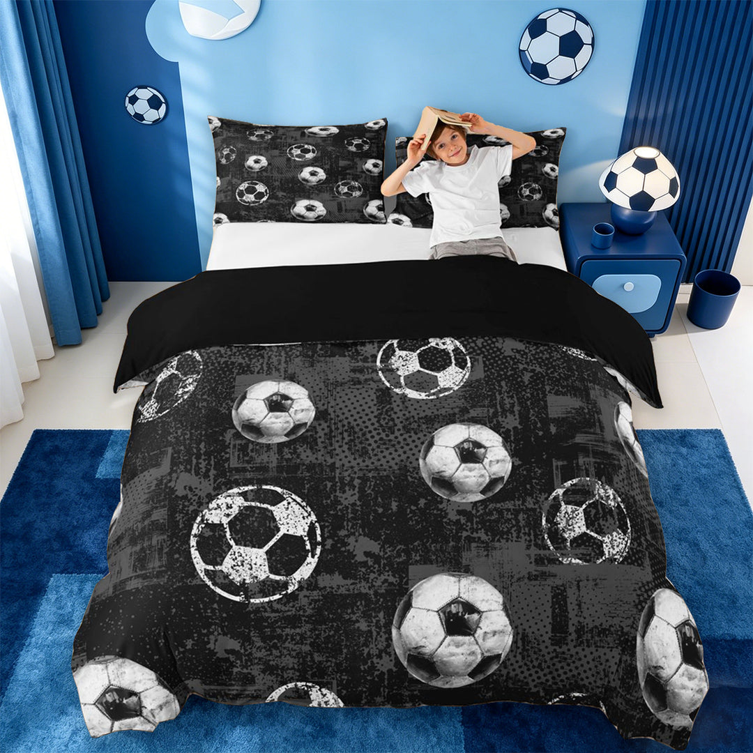 meiyoeat Vintage Graffiti Football Pattern Bedding For Kids,Boys Ball Games Duvet Cover Full For Soccer Lovers,Black Reversible,3-Piece(No Comforter)