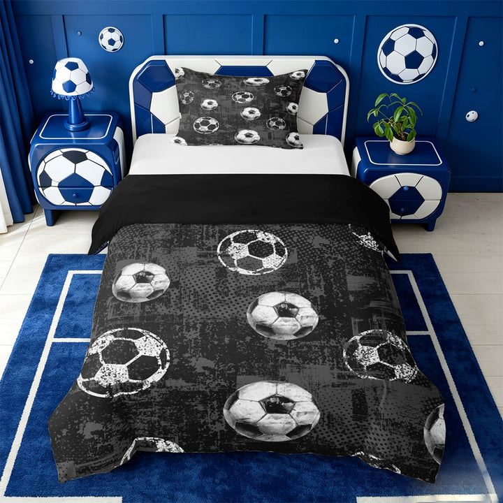 meiyoeat Vintage Graffiti Football Pattern Bedding For Kids,Boys Ball Games Duvet Cover Full For Soccer Lovers,Black Reversible,3-Piece(No Comforter)