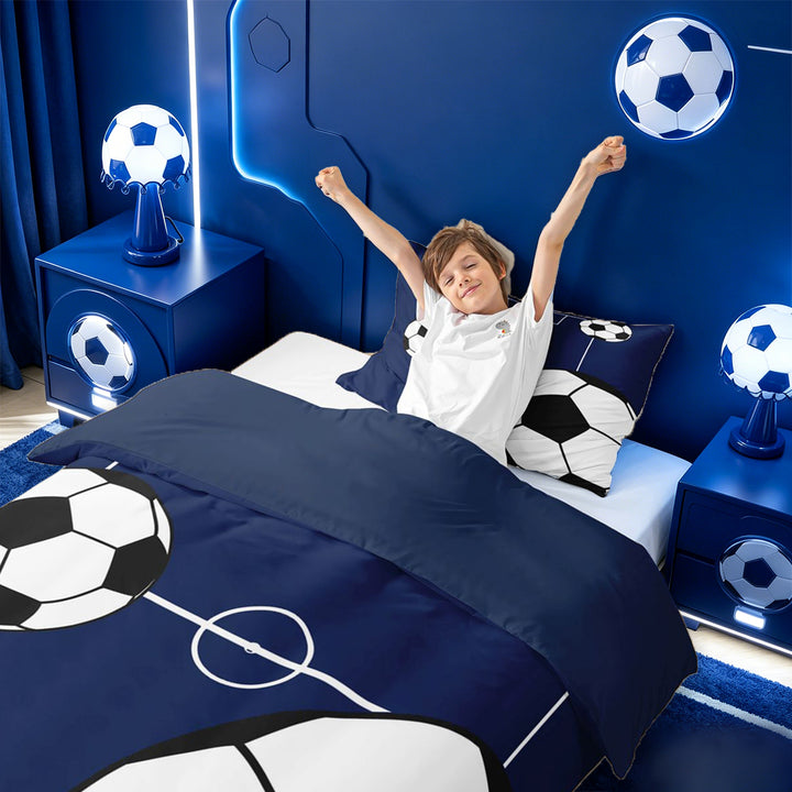 meiyoeat Football Ball Games Bedding For Boys,Soccer Sport Theme Duvet Cover Full For Kids,Navy Blue Reversible,3pcs(No Comforter)
