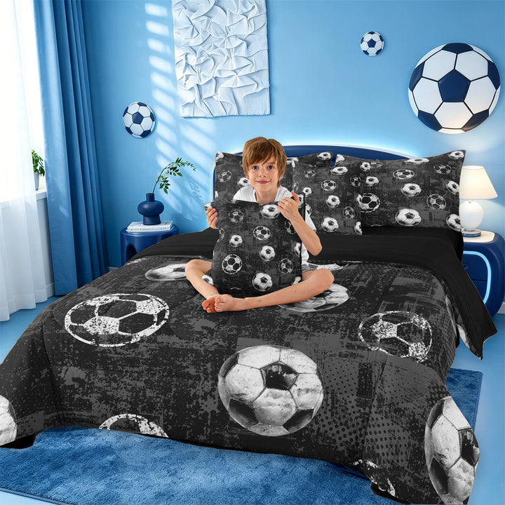 meiyoeat Vintage Graffiti Football Pattern 7 Pieces Full Size Bedding Sets For Kids,Boys Ball Games Full Size Bed in a Bag For Soccer Lovers,Black Reversible