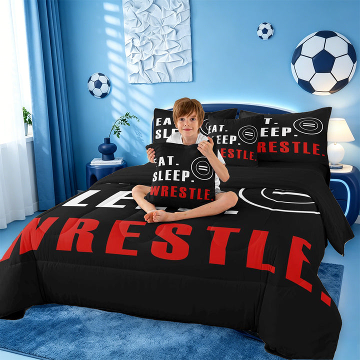 meiyoeat Wrestle Sport 7 Pieces Full Size Bedding Sets For Boys,Modern Minimalist Style Full Size Bed in a Bag For Kids,Black Reversible