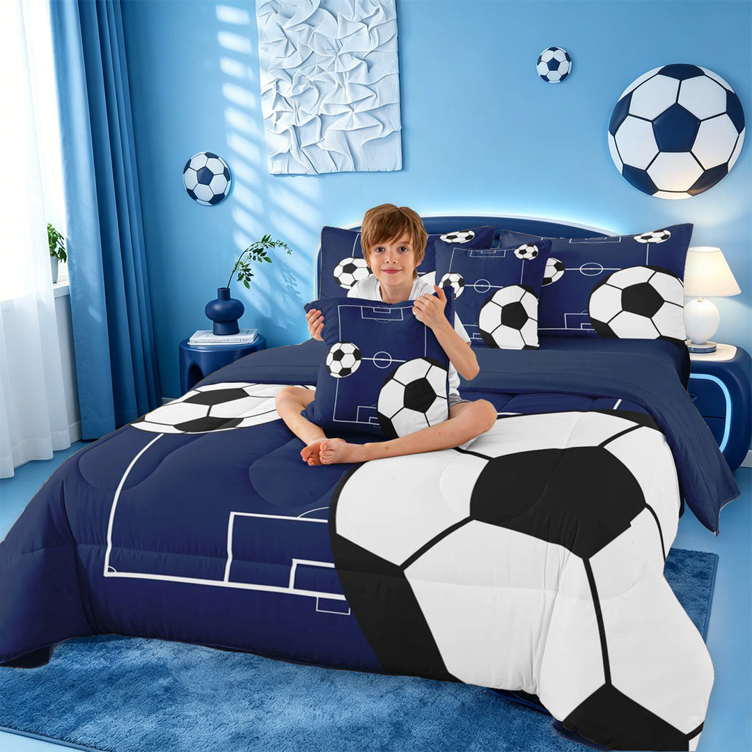 meiyoeat Football Ball Games 7 Pieces Full Size Bedding Sets For Boys,Soccer Sport Theme Full Size Bed in a Bag For Kids,Navy Blue Reversible