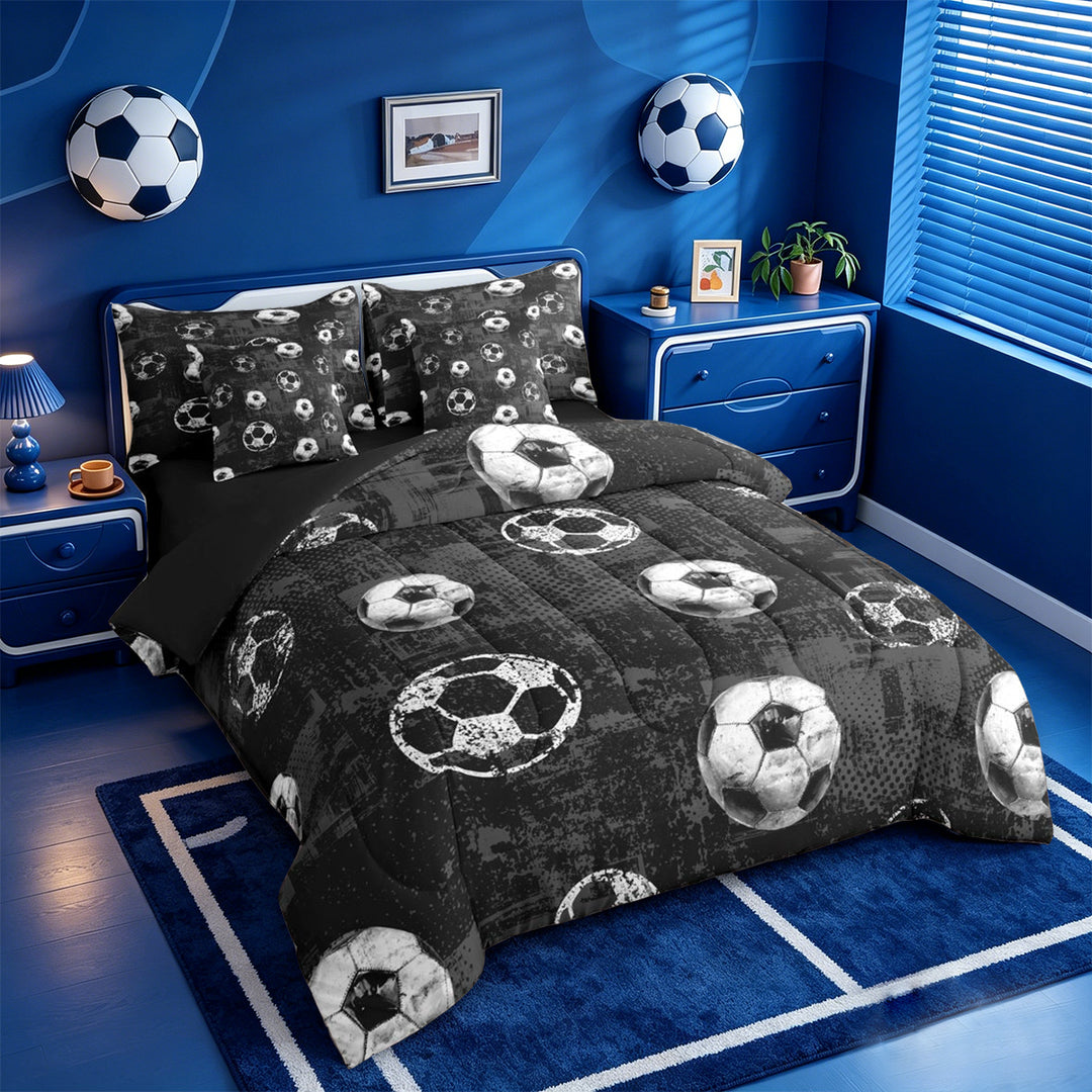 meiyoeat Vintage Graffiti Football Pattern 7 Pieces Full Size Bedding Sets For Kids,Boys Ball Games Full Size Bed in a Bag For Soccer Lovers,Black Reversible