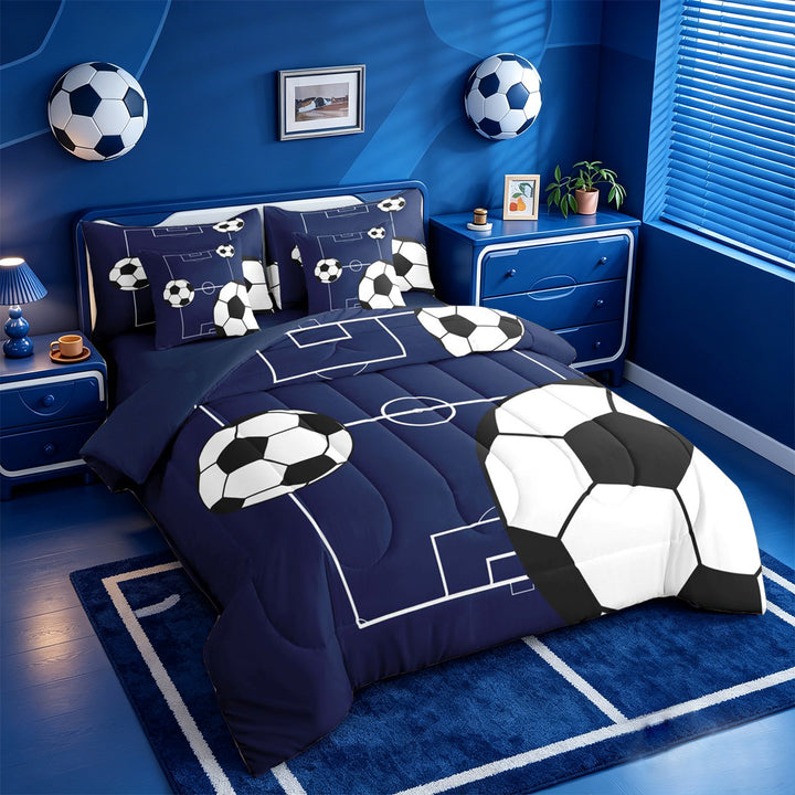 meiyoeat Football Ball Games 7 Pieces Full Size Bedding Sets For Boys,Soccer Sport Theme Full Size Bed in a Bag For Kids,Navy Blue Reversible