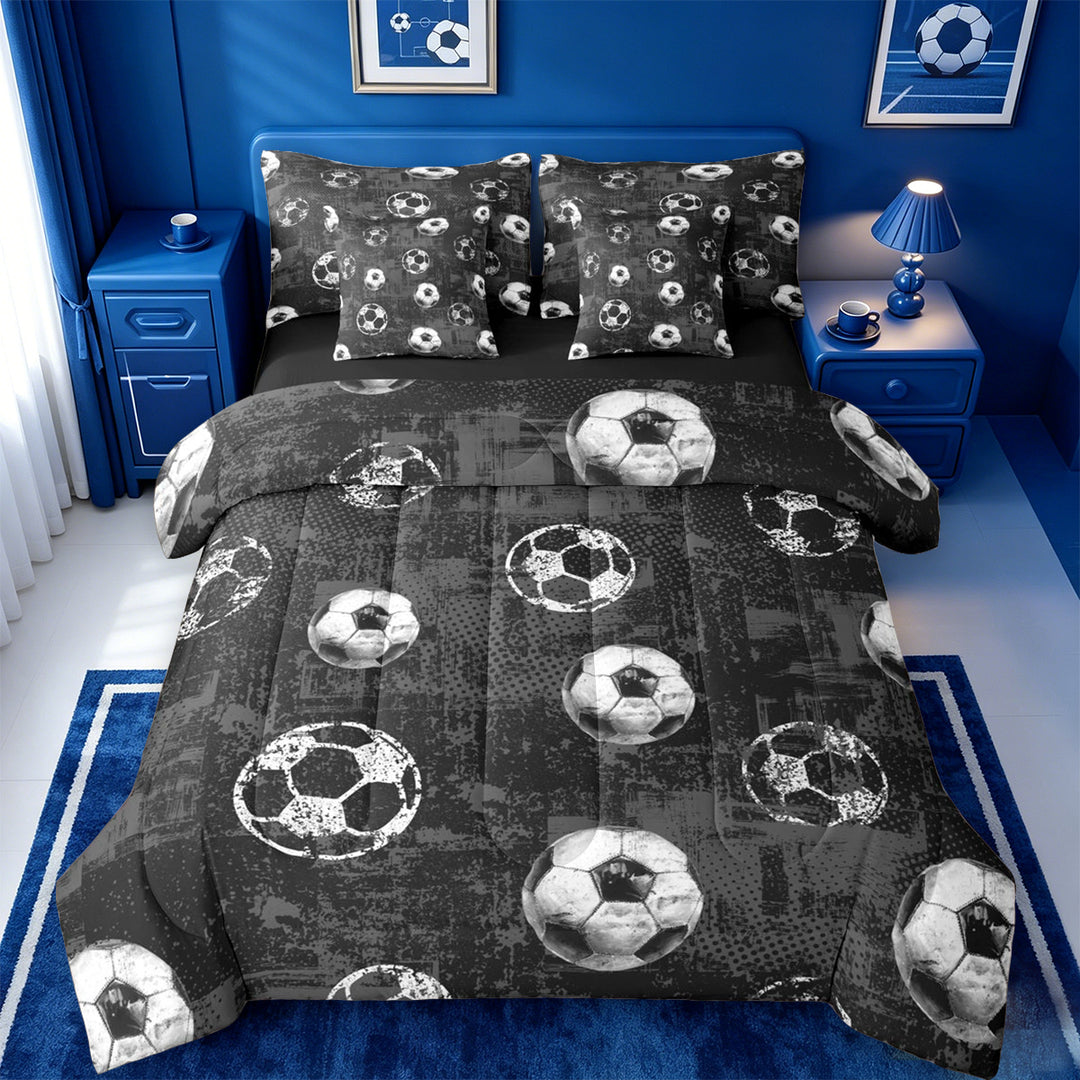 meiyoeat Vintage Graffiti Football Pattern 7 Pieces Full Size Bedding Sets For Kids,Boys Ball Games Full Size Bed in a Bag For Soccer Lovers,Black Reversible