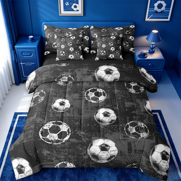 meiyoeat Vintage Graffiti Football Pattern 7 Pieces Full Size Bedding Sets For Kids,Boys Ball Games Full Size Bed in a Bag For Soccer Lovers,Black Reversible