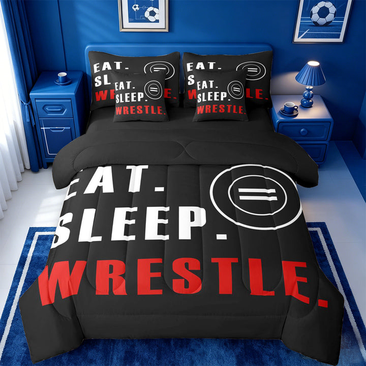 meiyoeat Wrestle Sport 7 Pieces Full Size Bedding Sets For Boys,Modern Minimalist Style Full Size Bed in a Bag For Kids,Black Reversible