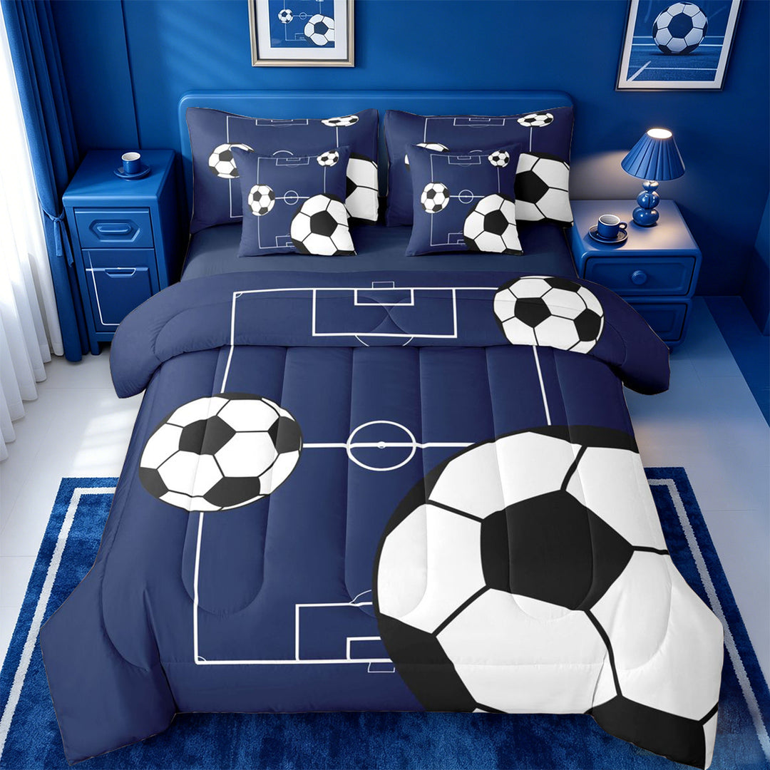 meiyoeat Football Ball Games 7 Pieces Full Size Bedding Sets For Boys,Soccer Sport Theme Full Size Bed in a Bag For Kids,Navy Blue Reversible