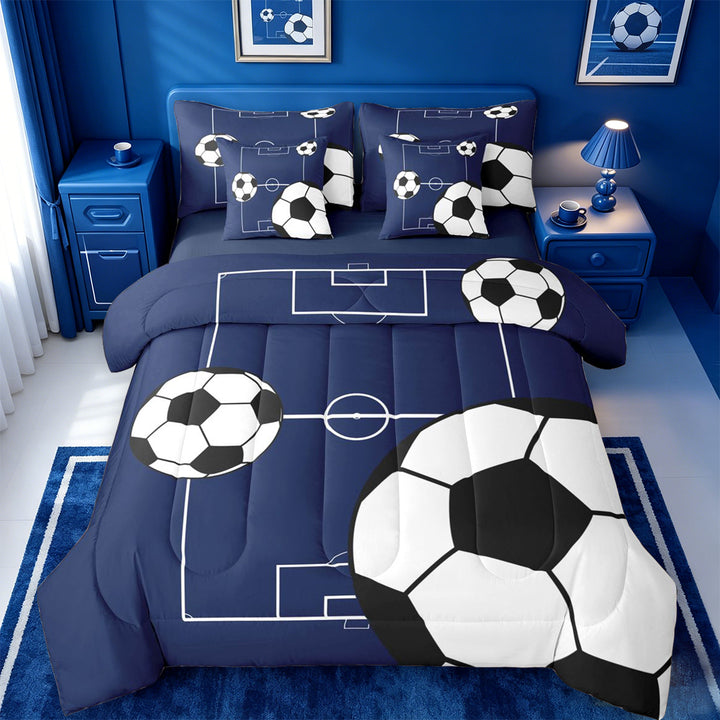 meiyoeat Football Ball Games 7 Pieces Full Size Bedding Sets For Boys,Soccer Sport Theme Full Size Bed in a Bag For Kids,Navy Blue Reversible