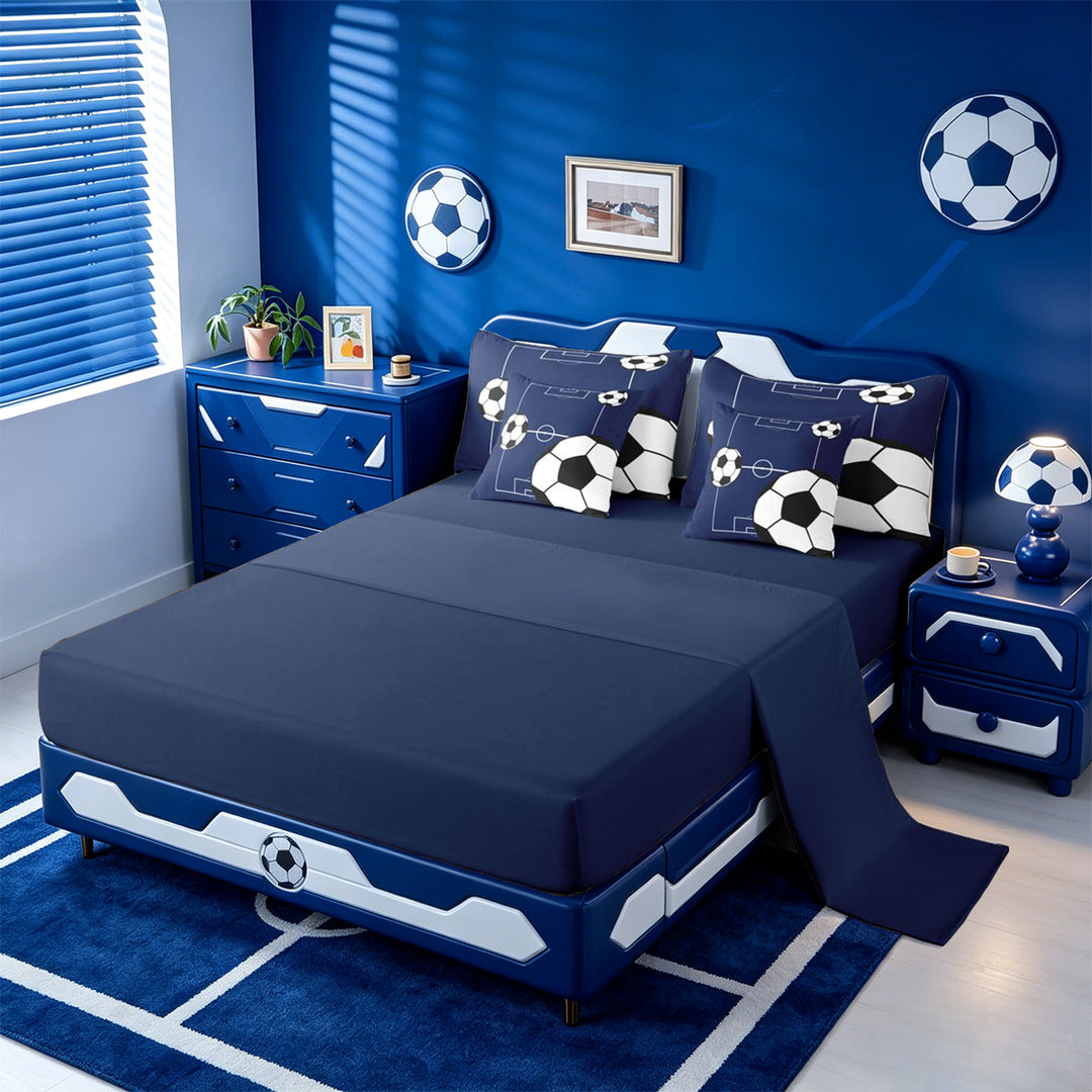 meiyoeat Football Ball Games 7 Pieces Full Size Bedding Sets For Boys,Soccer Sport Theme Full Size Bed in a Bag For Kids,Navy Blue Reversible