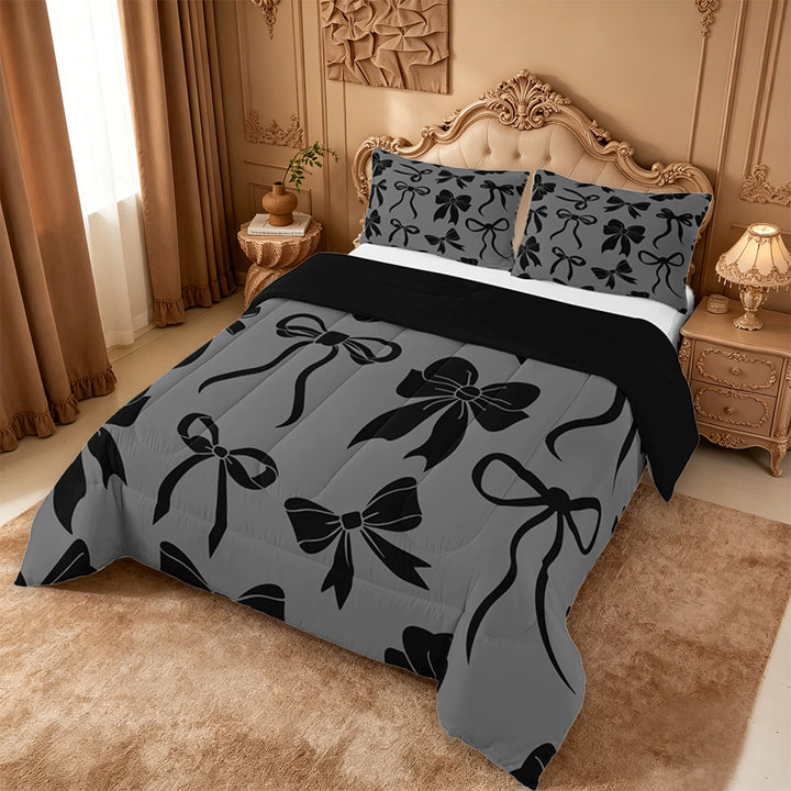meiyoeat Black Bow Full Size Comforter Sets For Girls,Cute Coquette Bowknot Bedding Comforter Set For Kids,Black Reversible,3-Piece