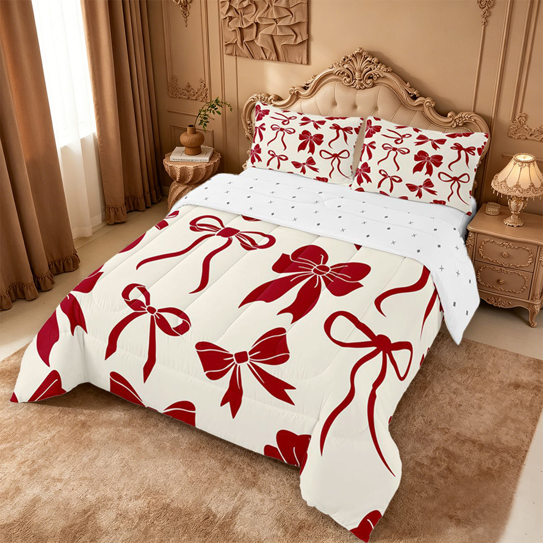 meiyoeat Red Ribbon Bowknot Full Size Comforter Sets For Girls,Fashion Coquette Bows Bedding Comforter Set For Kids,Reversible,3 Pieces