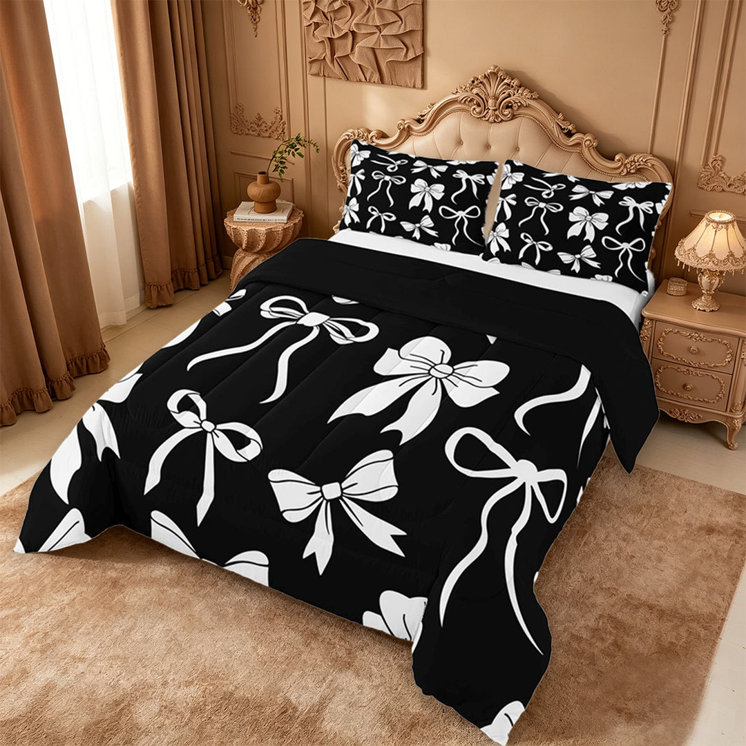 meiyoeat Cute Ribbon Bows Full Size Comforter Sets For Girls,White Coquette Bowtie Bedding Comforter Set For Kids,Black Reversible,3pcs