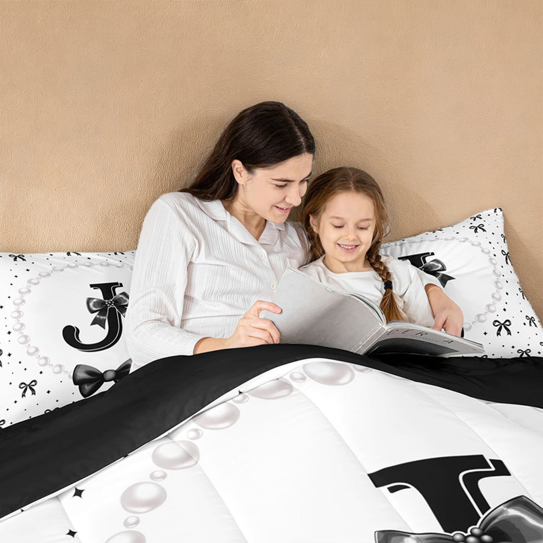 meiyoeat Lovely Bow Tie 7 Pieces Full Size Bedding Sets For Bow Girls,Black Initial Letter J Full Size Bed in a Bag For Kids,Black Reversible