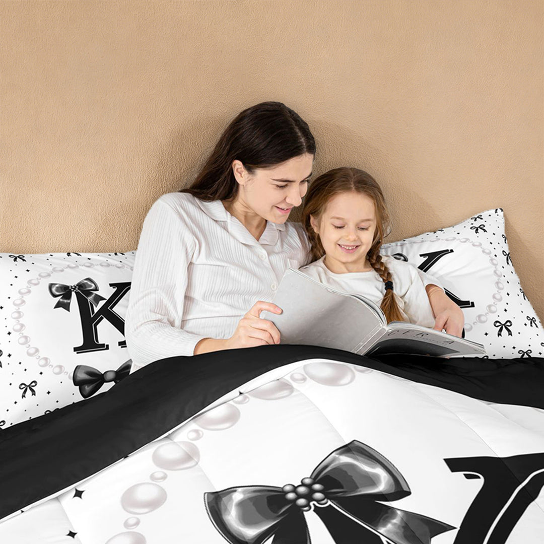 meiyoeat Black Ribbon Bowknot 7 Pieces Full Size Bedding Sets For Girls,Lovely Bowtie Alphabet Print K Full Size Bed in a Bag For Kids,Black Reversible