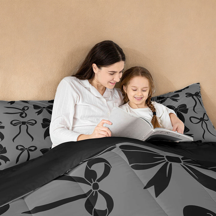 meiyoeat Black Bow Full Size Comforter Sets For Girls,Cute Coquette Bowknot Bedding Comforter Set For Kids,Black Reversible,3-Piece