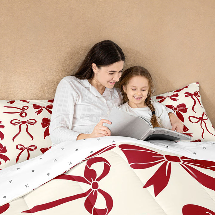 meiyoeat Red Ribbon Bowknot Full Size Comforter Sets For Girls,Fashion Coquette Bows Bedding Comforter Set For Kids,Reversible,3 Pieces