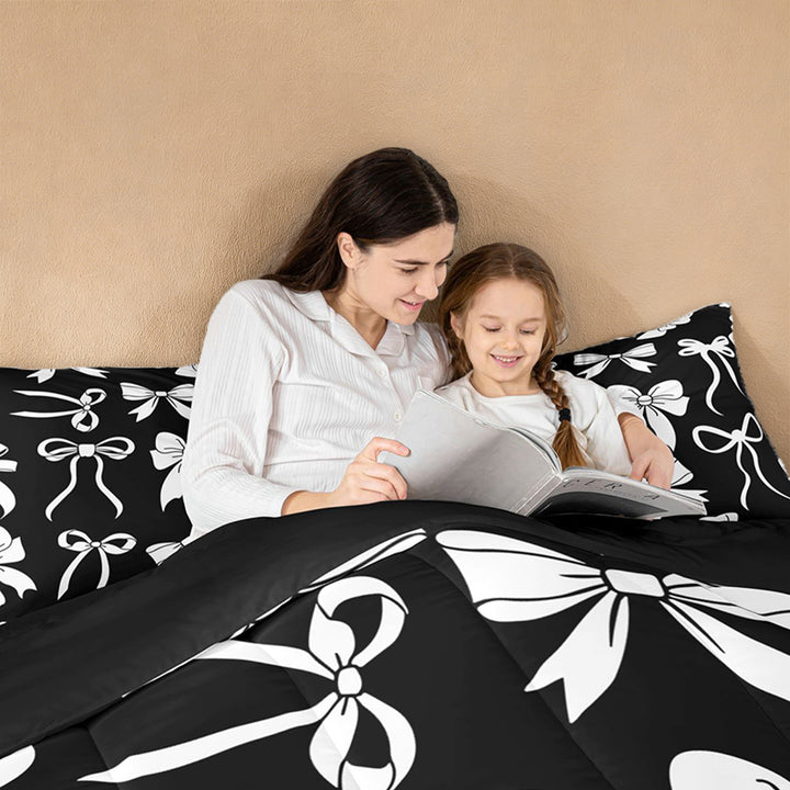 meiyoeat Cute Ribbon Bows Full Size Comforter Sets For Girls,White Coquette Bowtie Bedding Comforter Set For Kids,Black Reversible,3pcs