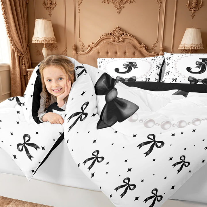 meiyoeat Lovely Bow Tie 7 Pieces Full Size Bedding Sets For Bow Girls,Black Initial Letter J Full Size Bed in a Bag For Kids,Black Reversible