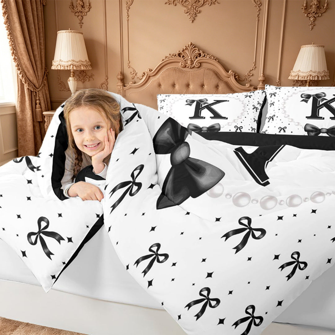 meiyoeat Black Ribbon Bowknot 7 Pieces Full Size Bedding Sets For Girls,Lovely Bowtie Alphabet Print K Full Size Bed in a Bag For Kids,Black Reversible