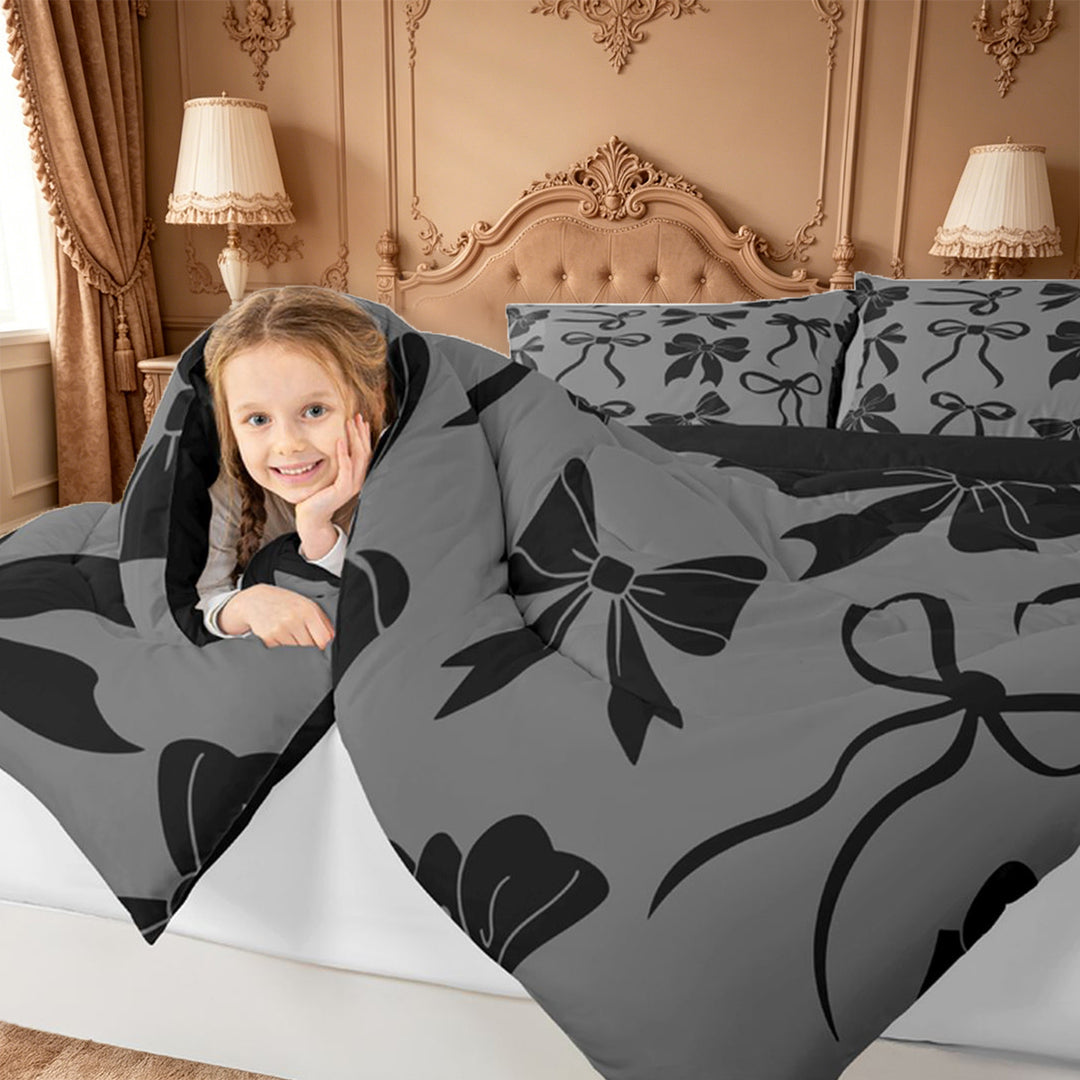 meiyoeat Black Bow Full Size Comforter Sets For Girls,Cute Coquette Bowknot Bedding Comforter Set For Kids,Black Reversible,3-Piece