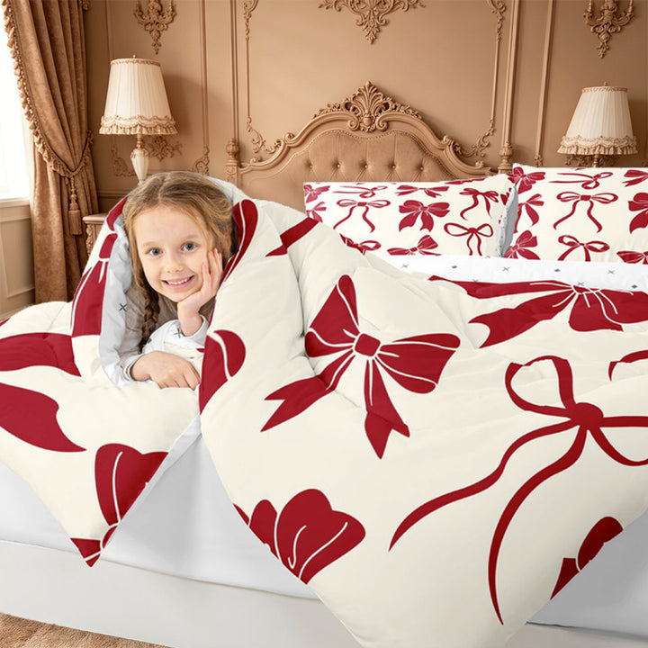 meiyoeat Red Ribbon Bowknot Full Size Comforter Sets For Girls,Fashion Coquette Bows Bedding Comforter Set For Kids,Reversible,3 Pieces