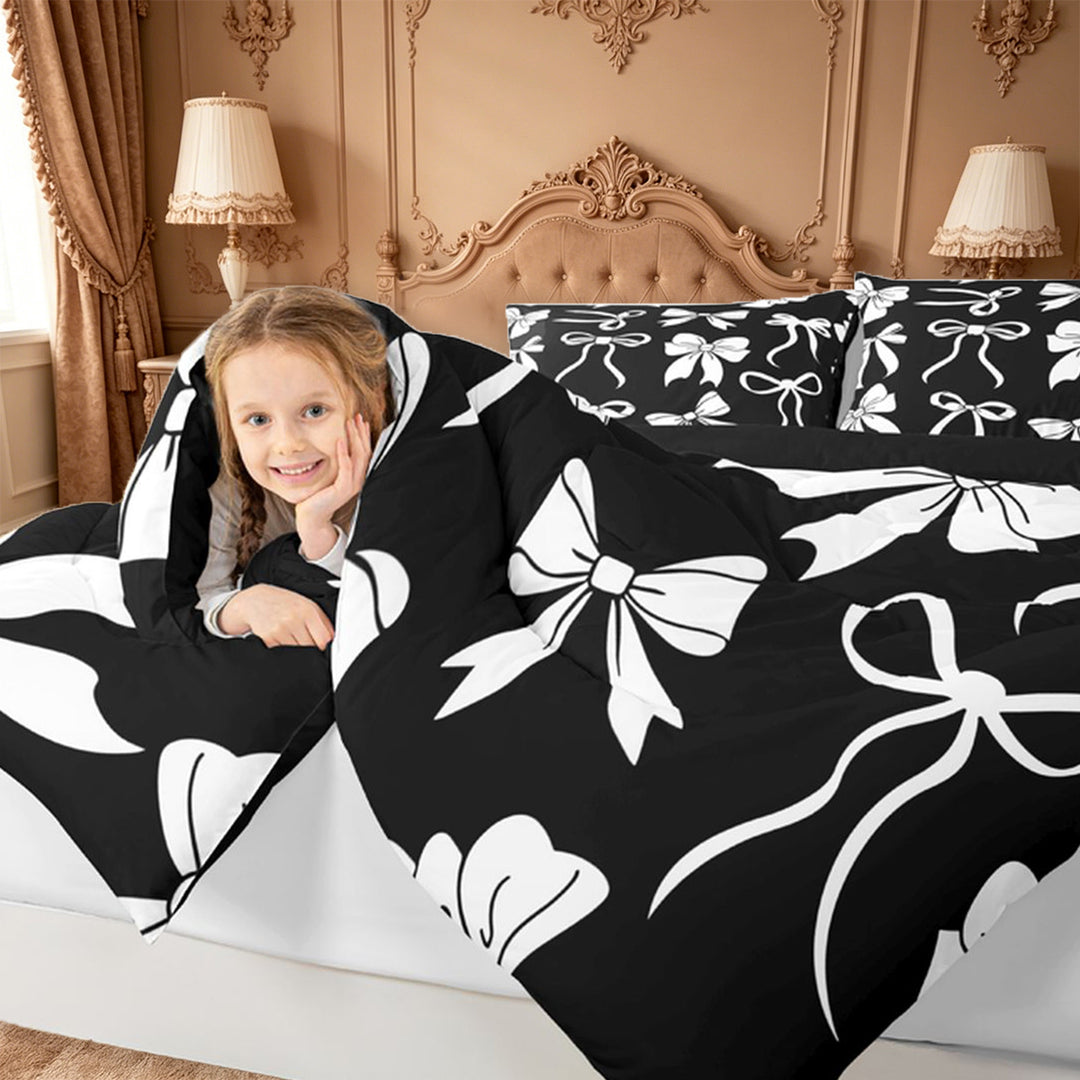 meiyoeat Cute Ribbon Bows Full Size Comforter Sets For Girls,White Coquette Bowtie Bedding Comforter Set For Kids,Black Reversible,3pcs