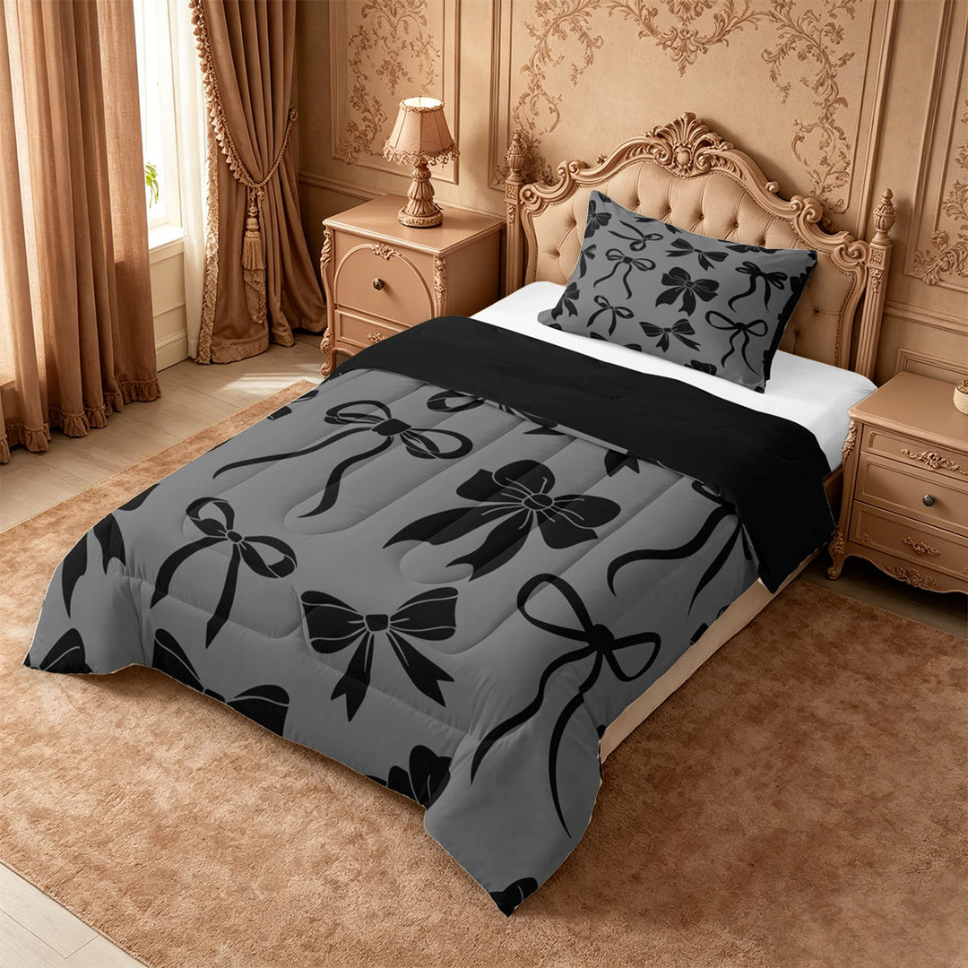 meiyoeat Black Bow Full Size Comforter Sets For Girls,Cute Coquette Bowknot Bedding Comforter Set For Kids,Black Reversible,3-Piece