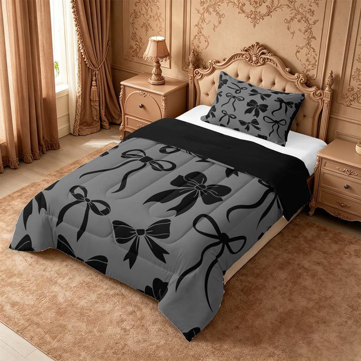 meiyoeat Black Bow Full Size Comforter Sets For Girls,Cute Coquette Bowknot Bedding Comforter Set For Kids,Black Reversible,3-Piece