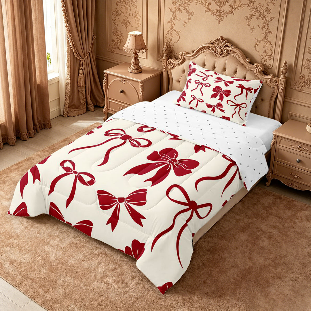 meiyoeat Red Ribbon Bowknot Full Size Comforter Sets For Girls,Fashion Coquette Bows Bedding Comforter Set For Kids,Reversible,3 Pieces