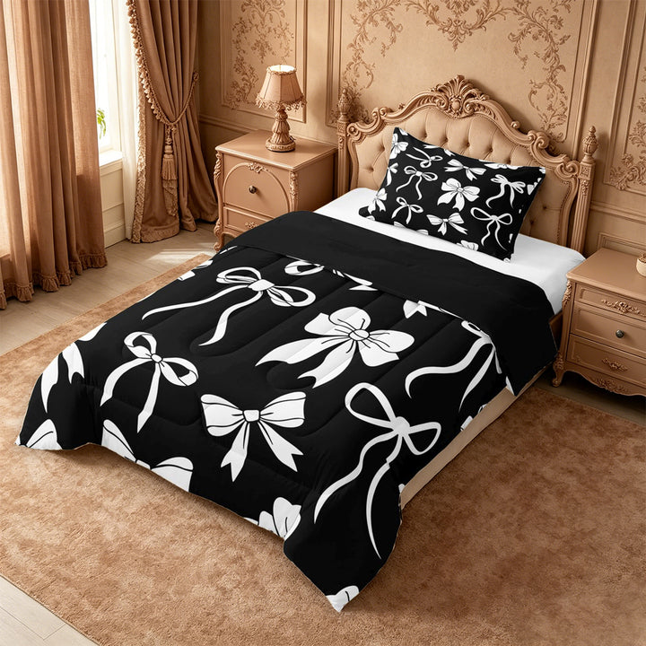 meiyoeat Cute Ribbon Bows Full Size Comforter Sets For Girls,White Coquette Bowtie Bedding Comforter Set For Kids,Black Reversible,3pcs