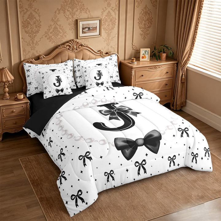 meiyoeat Lovely Bow Tie 7 Pieces Full Size Bedding Sets For Bow Girls,Black Initial Letter J Full Size Bed in a Bag For Kids,Black Reversible