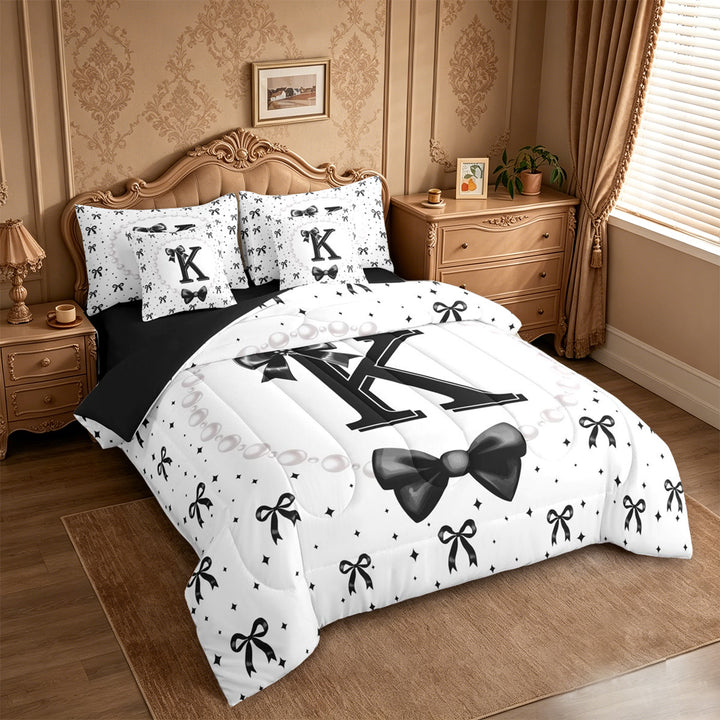 meiyoeat Black Ribbon Bowknot 7 Pieces Full Size Bedding Sets For Girls,Lovely Bowtie Alphabet Print K Full Size Bed in a Bag For Kids,Black Reversible