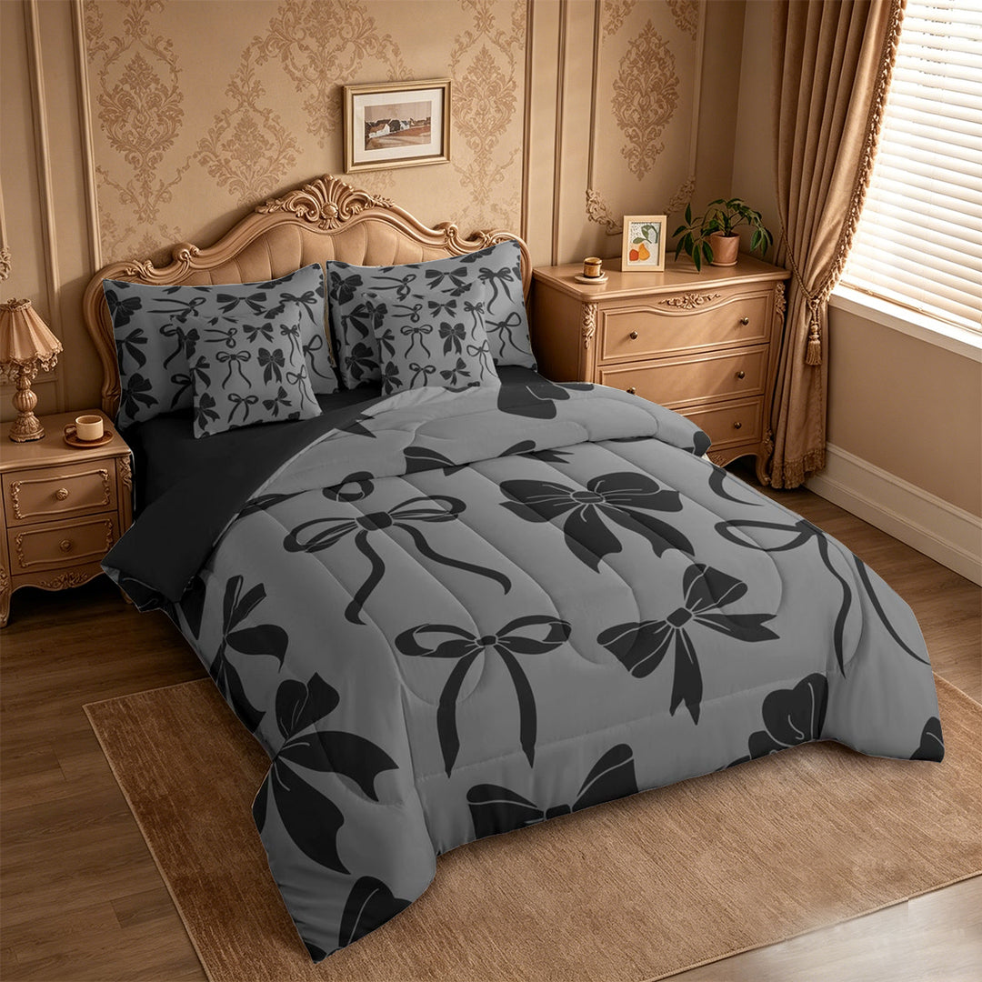 meiyoeat Black Bow 7 Pieces Full Size Bedding Sets For Girls,Cute Coquette Bowknot Full Size Bed in a Bag For Kids,Black Reversible