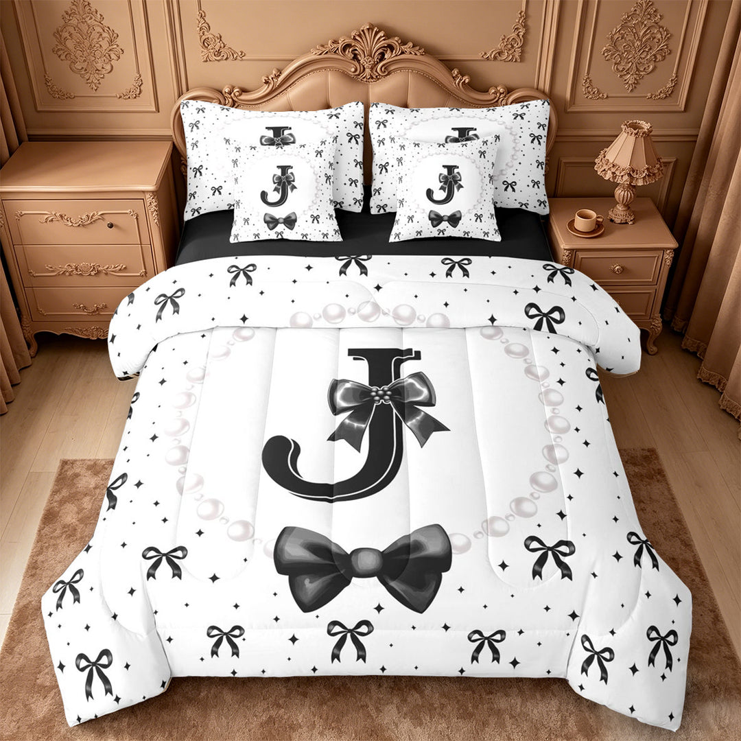 meiyoeat Lovely Bow Tie 7 Pieces Full Size Bedding Sets For Bow Girls,Black Initial Letter J Full Size Bed in a Bag For Kids,Black Reversible