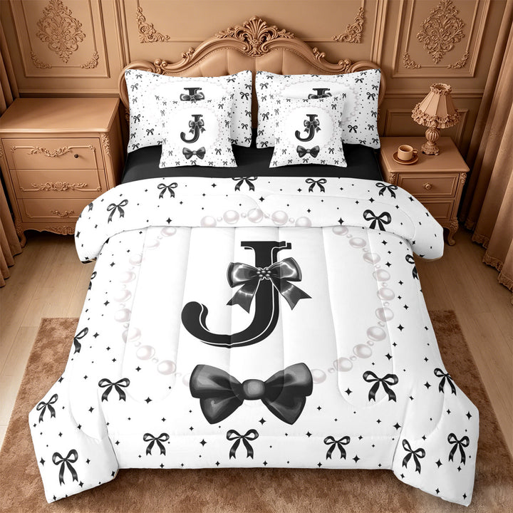 meiyoeat Lovely Bow Tie 7 Pieces Full Size Bedding Sets For Bow Girls,Black Initial Letter J Full Size Bed in a Bag For Kids,Black Reversible
